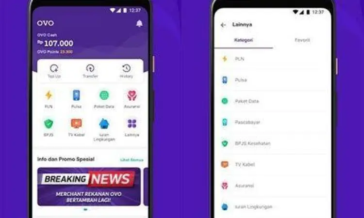 Antarmuka menu transfer bank di aplikasi OVO