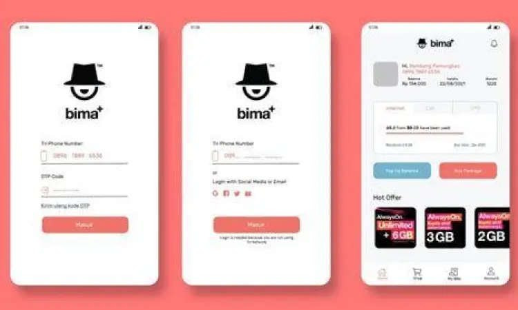 Tampilan aplikasi Bima+ milik Tri Indonesia