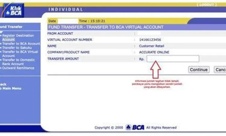 Layar konfirmasi transfer BCA Virtual Account