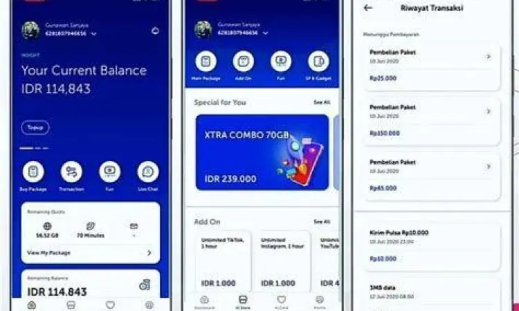 Antarmuka aplikasi myXL untuk transfer pulsa