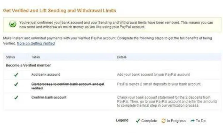 Layar verifikasi akun PayPal untuk penarikan saldo