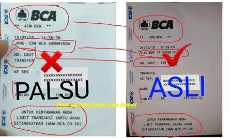 Bukti Transfer BCA Asli Perbandingan bukti transfer BCA asli dan palsu