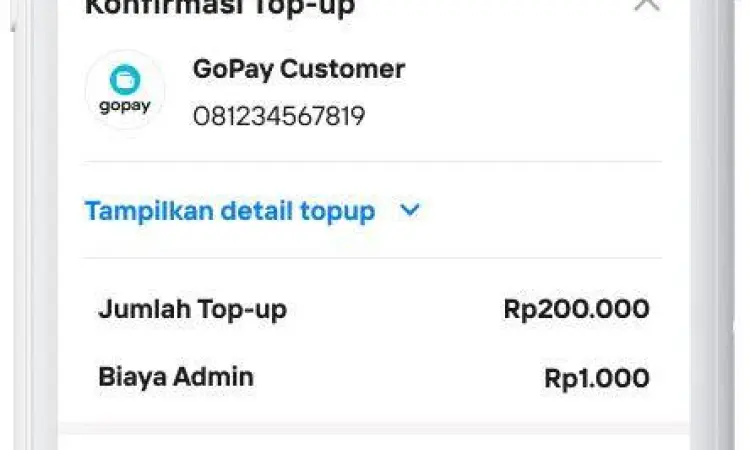 Menu Top Up Livin by Mandiri Tampilan aplikasi Livin by Mandiri untuk top up gopay