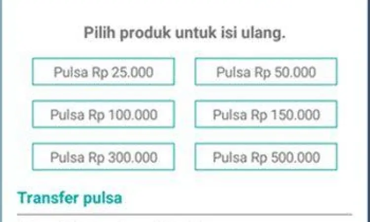 Menu transfer pulsa pada aplikasi Bima+