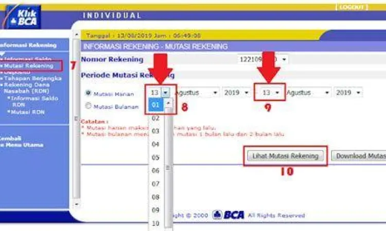 Tampilan mutasi rekening di KlikBCA Individual
