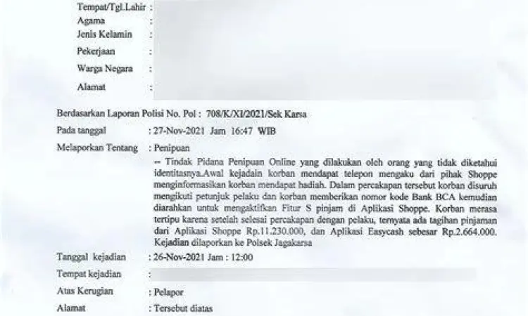 Laporan kepolisian untuk penipuan transfer