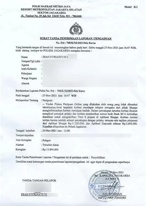 Laporan Polisi Penipuan Laporan kepolisian untuk penipuan transfer