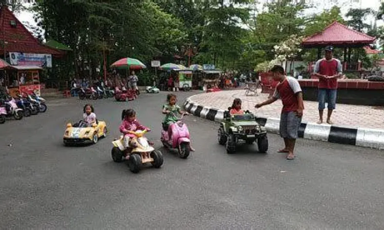 Anak balita ceria bermain mobil dorong di taman