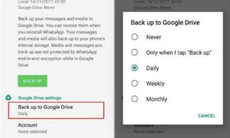 tampilan menu backup whatsapp di pengaturan chat