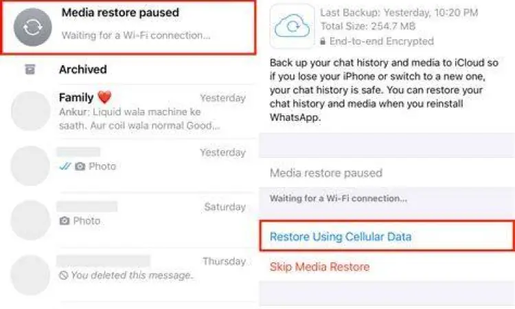 Tampilan pemulihan data WhatsApp di layar iPhone