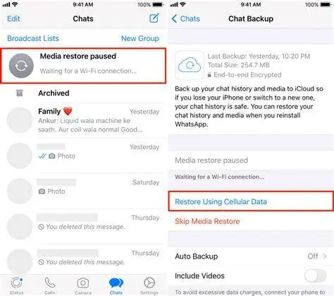 Restore Chat iPhone Tampilan pemulihan data WhatsApp di layar iPhone