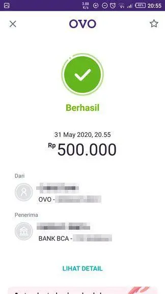 Bukti Transfer Berhasil Notifikasi transaksi berhasil di OVO