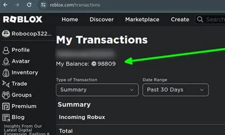 Antarmuka saldo Robux di platform Roblox