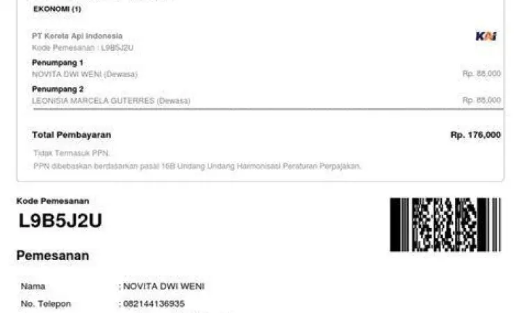 Tampilan e-ticket kereta api di layar ponsel