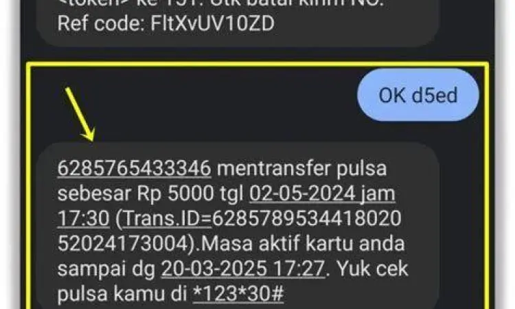 Contoh SMS konfirmasi transfer pulsa Telkomsel