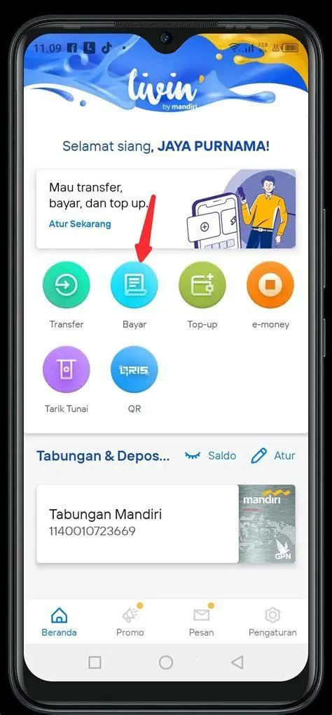 Antarmuka Livin by Mandiri Menu pembayaran pada aplikasi Livin' by Mandiri